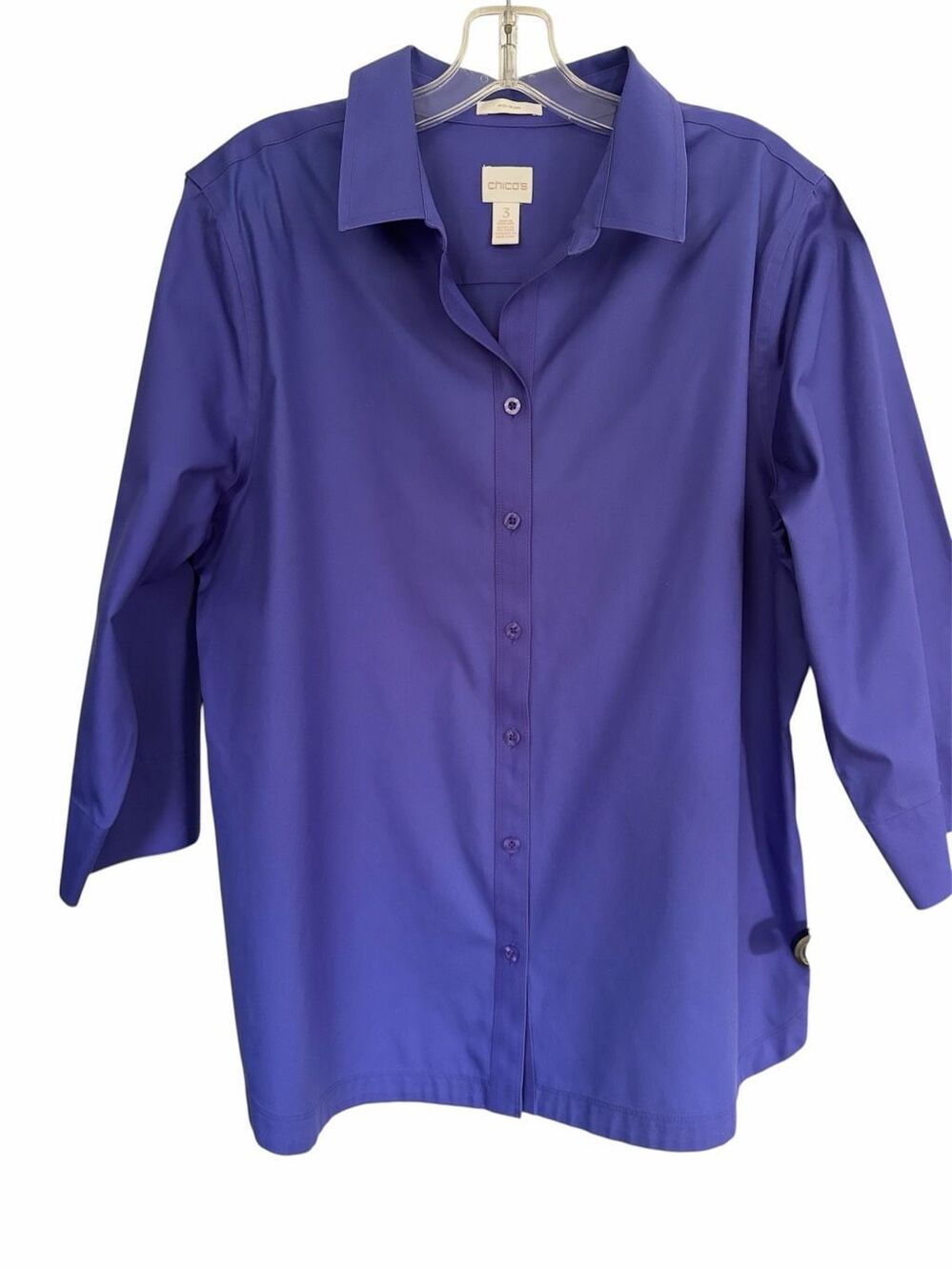 Chico’s No-Iron 3/4 Sleeve Purple Cotton Button Down Shirt Sz 3/XL